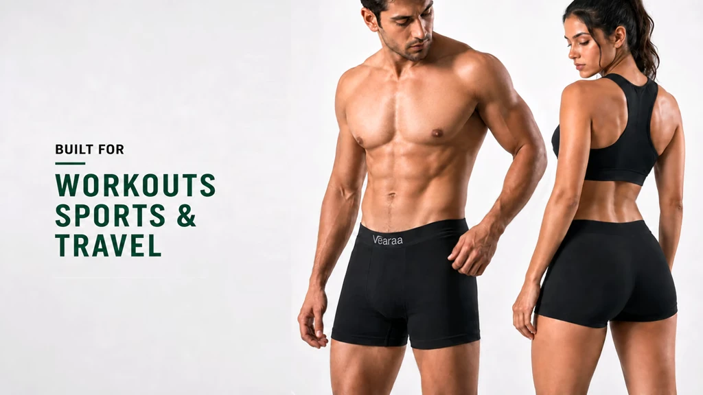 A man and woman wearing black Vearaa performance underwear beside the words Built for workouts, sports and travel